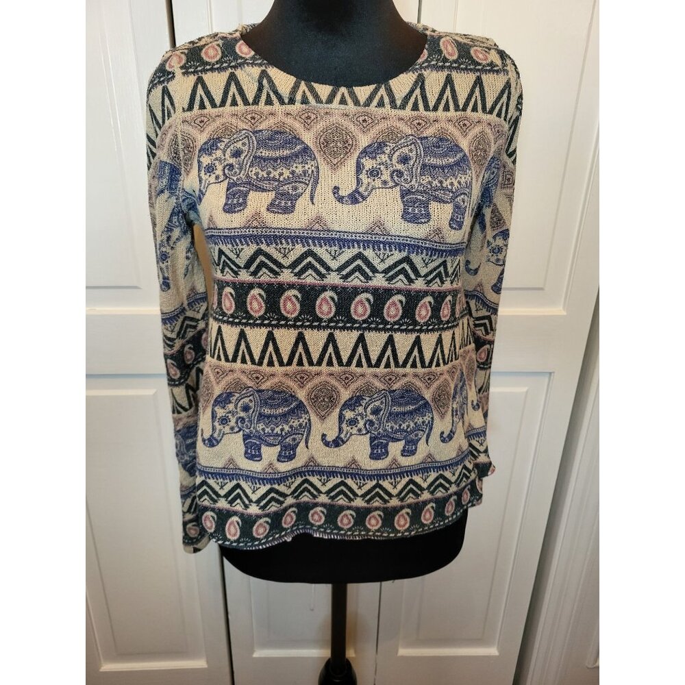 Blue/Tan Elephant Print Cropped Sweater M Boho Indie Retro Avant Garde